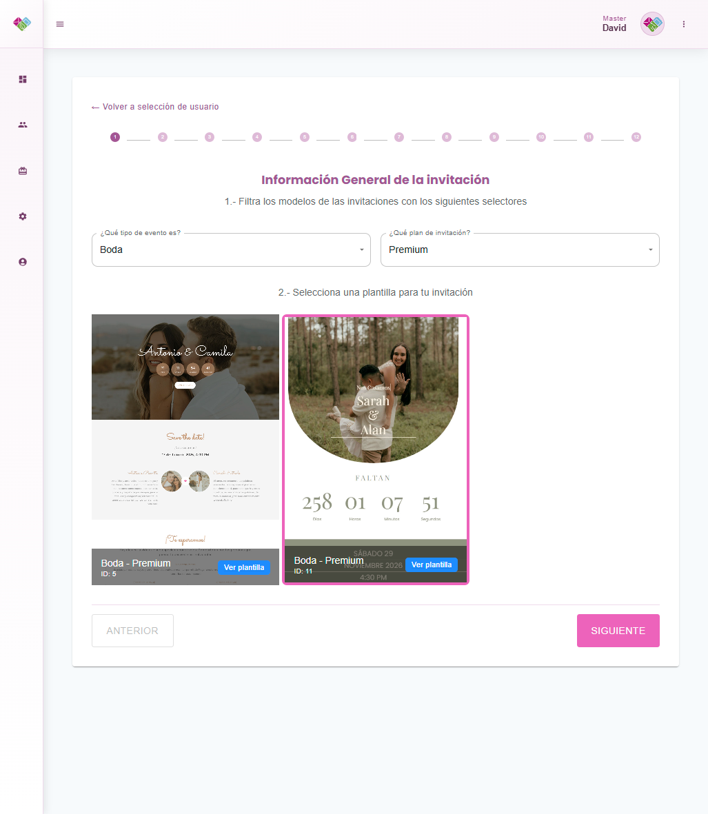 Flujo de selección y configuración de plantillas en AGAPE