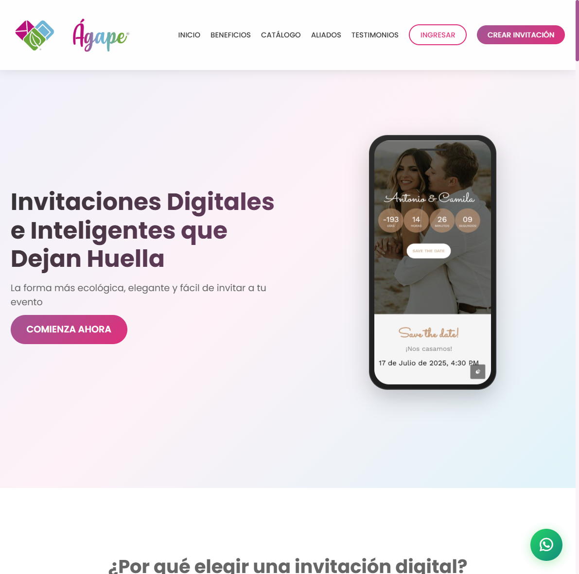 Página principal de la plataforma AGAPE Digital Invitations