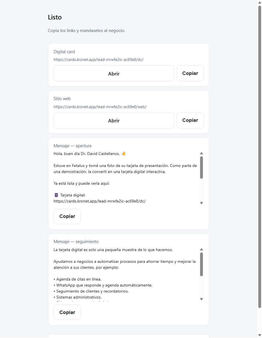 Enlaces y mensajes comerciales generados para compartir desde CardsLeads