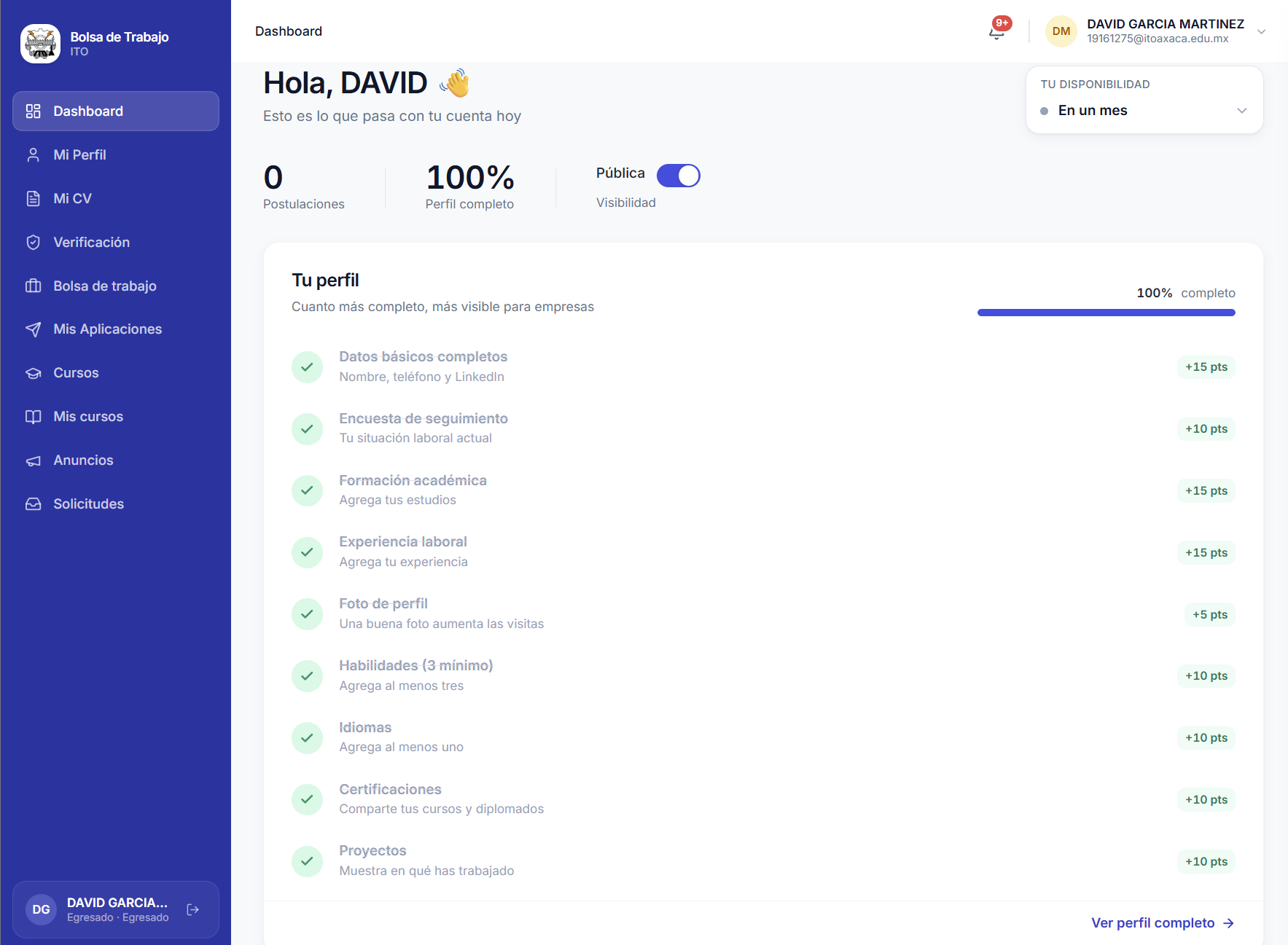 Dashboard del egresado con completitud de perfil, disponibilidad, postulaciones y acceso a bolsa de trabajo