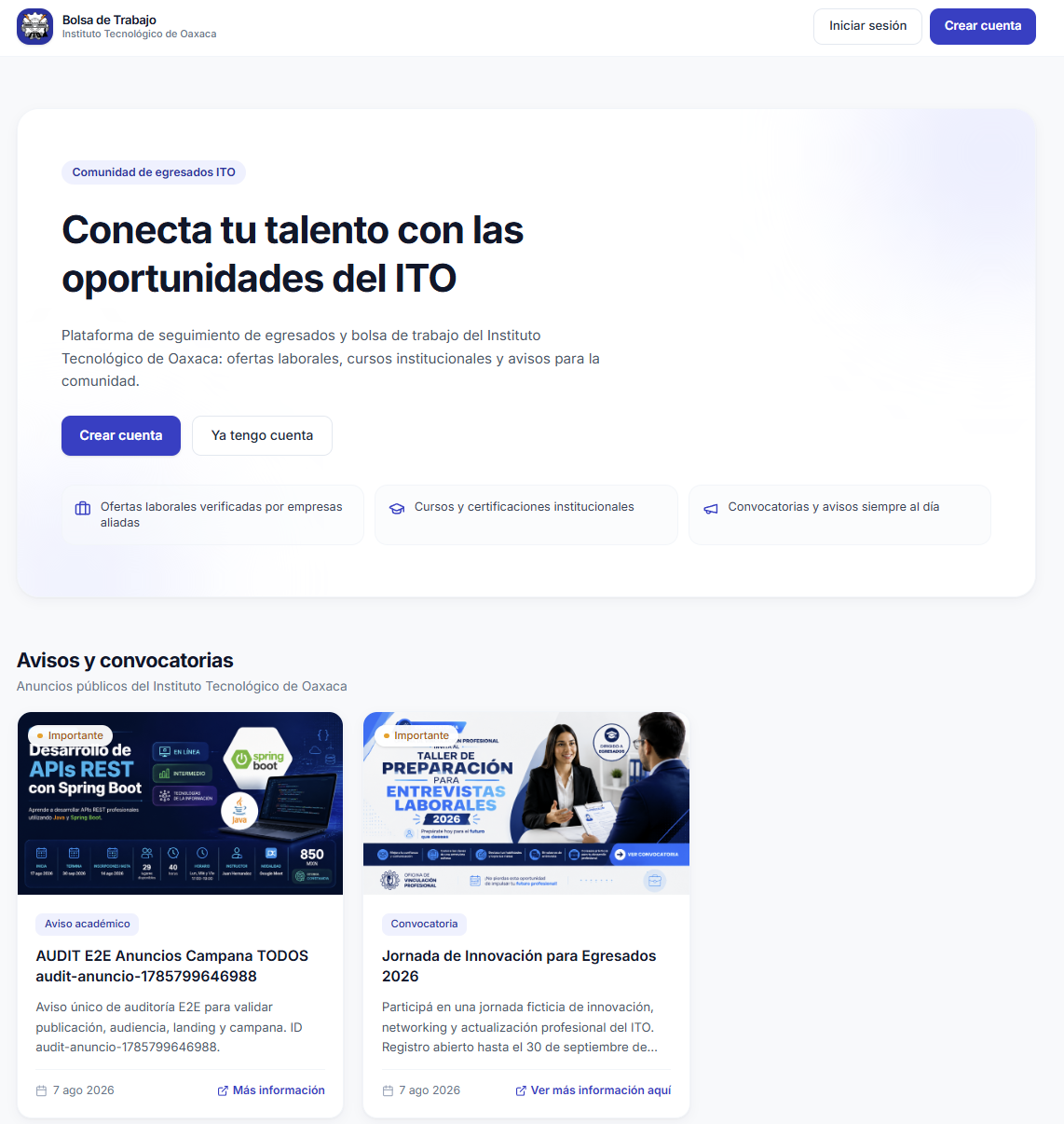 Landing pública de la bolsa de trabajo del Instituto Tecnológico de Oaxaca con oportunidades, cursos y convocatorias