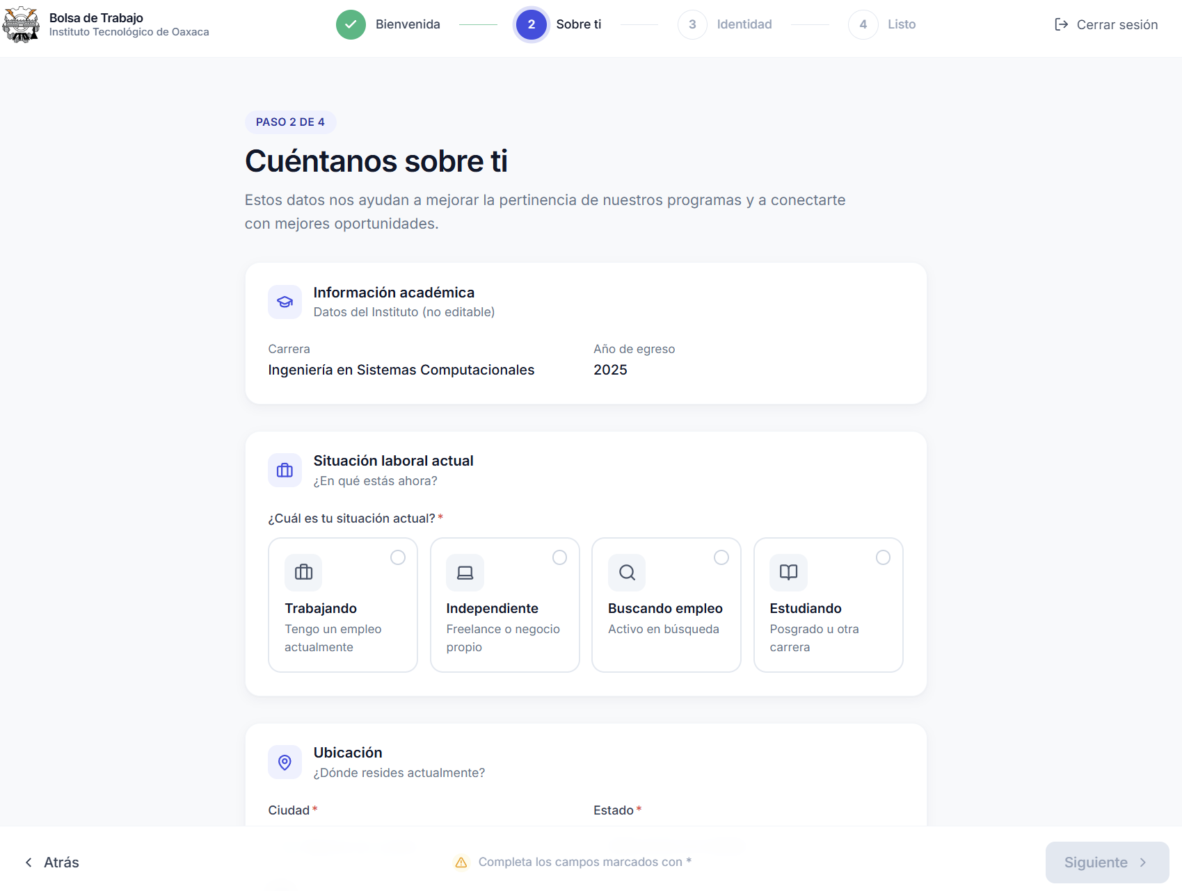Onboarding multistep para completar información académica, situación laboral e identidad del egresado