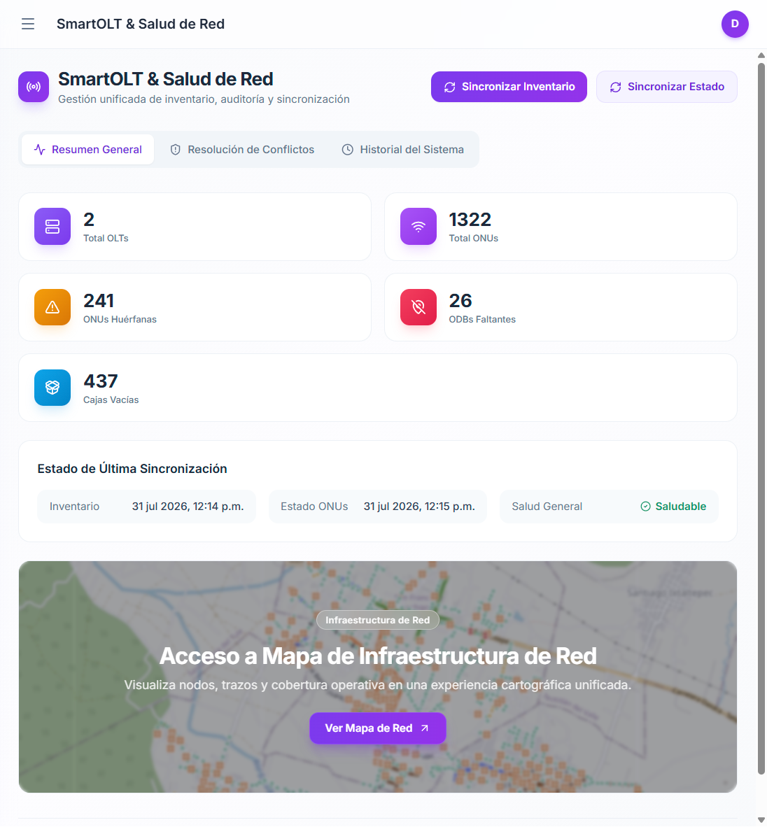 Dashboard de integración de GeoFibra con SmartOLT