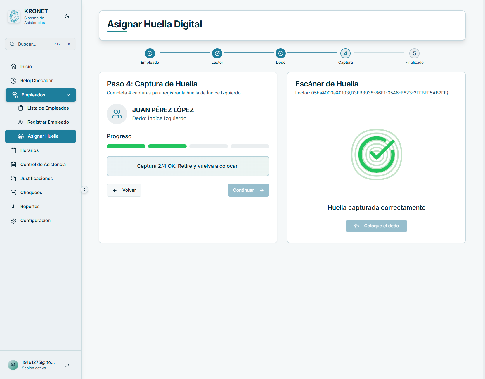 Flujo de enrolamiento de huella digital en KRONET