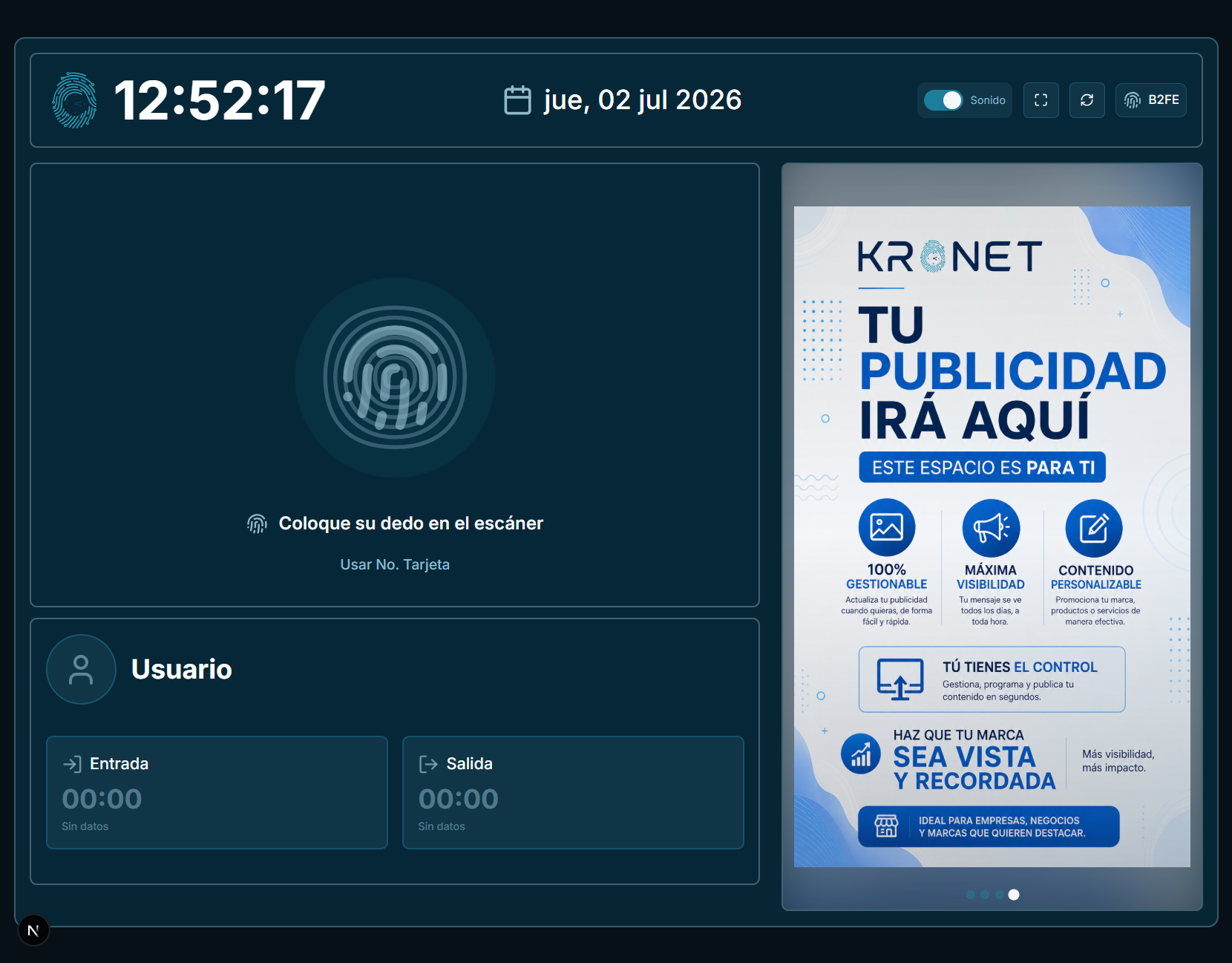 Interfaz principal del kiosco de asistencia de KRONET