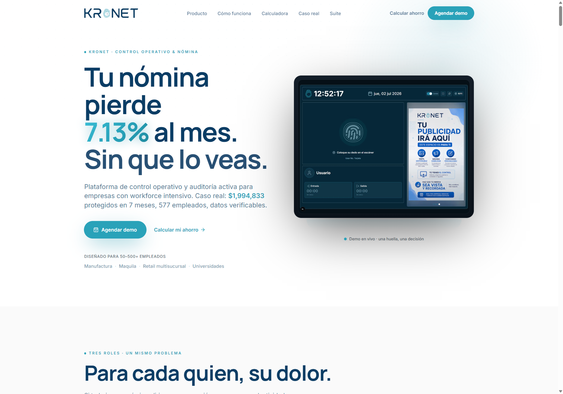Landing page de KRONET para presentar la plataforma de control de asistencia